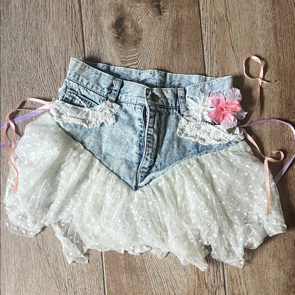 Genuine 80’s Floral Denim and Lace Skirt